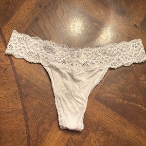 Lace Trim Cotton Thong - White